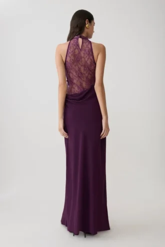 Arra maxi-jurk van chiffon en kant met halternek – Pruim