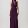 Arra maxi-jurk van chiffon en kant met halternek – Pruim