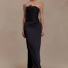 Asha maxi-jurk van bloemenmesh en satijn – Zwart