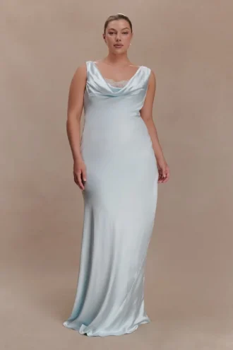 Ashley maxi-jurk met cowl-hals van kant en satijn – IJsblauw