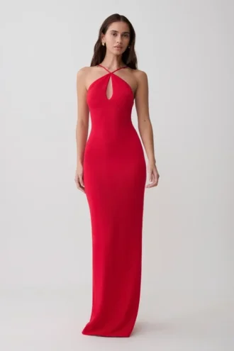 Ashtin gebreide maxi-jurk met gekruiste voorkant – Rood