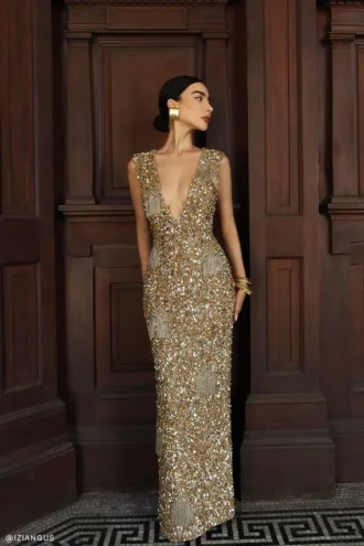 Astor met de hand versierde maxi-jurk – goud