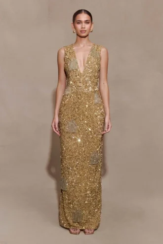 Astor met de hand versierde maxi-jurk – goud