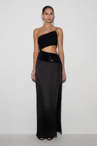 Athena one-shoulder maxi-jurk met strass – Zwart
