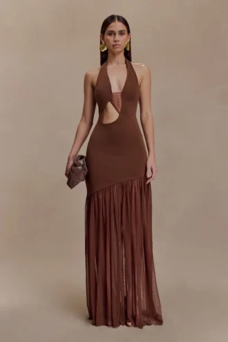 Aubree maxi-jurk van crêpe en mesh – Chocolade/Mokka