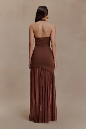 Aubree maxi-jurk van crêpe en mesh – Chocolade/Mokka