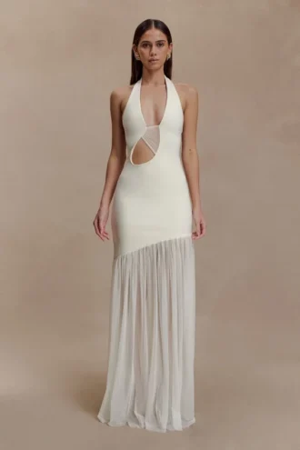 Aubree maxi-jurk van crêpe en mesh – ivoor