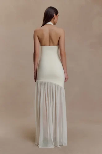 Aubree maxi-jurk van crêpe en mesh – ivoor