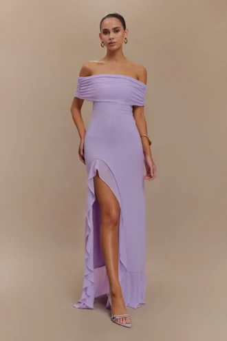Audrey off-shoulder maxi-jurk van mesh – lila