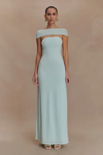 Aurora slinky maxi-jurk met split en mesh – Lagoon