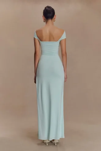 Aurora slinky maxi-jurk met split en mesh – Lagoon