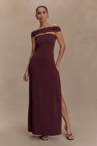 Aurora slinky maxi-jurk met split en mesh – Mahonie