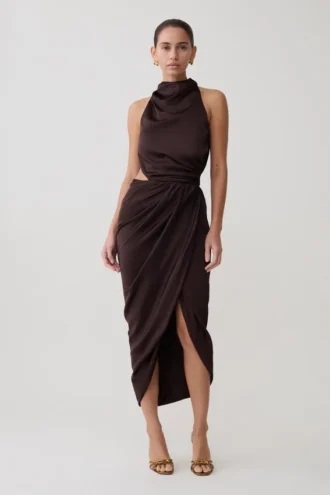 Aveline gedrapeerde halter midi-jurk – donkere chocoladebruin