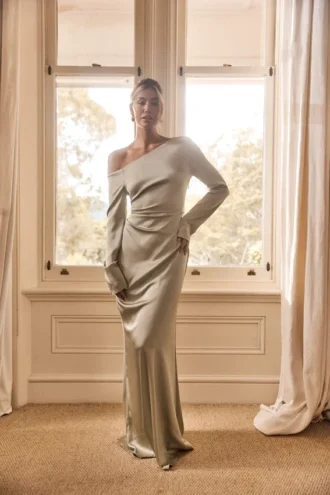 Avery maxi-jurk met lange mouwen – Salie