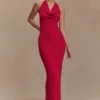 Ayella gebreide maxi-jurk met cowl-hals – Framboos