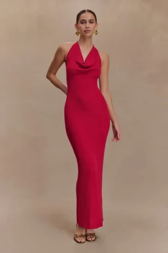 Ayella gebreide maxi-jurk met cowl-hals – Framboos