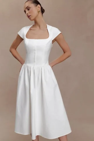 Ayla katoenen fit-and-flare midi-jurk – Wit