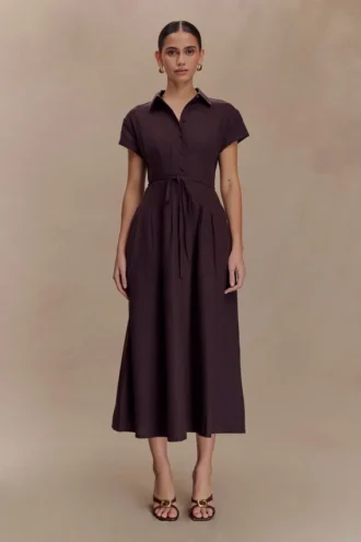 Aysha linnen midi-jurk met knopen – Chocoladebruin