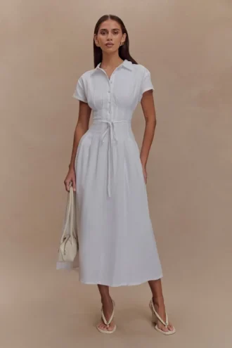 Aysha linnen midi-jurk met knopen – Wit