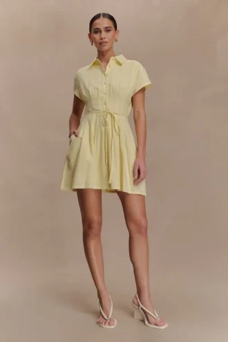 Aysha linnen mini-jurk met knopen – Lemon