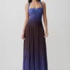Azizi geplooide halter midi-jurk – chocoladebruin en blauw ombre-print