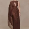 Bakari Diamante Cape Maxi-jurk – Chocolade Bakari Diamante Cape Maxi-jurk – Chocolade