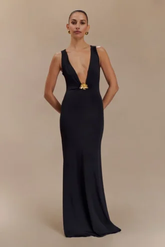 Beck Plunge maxi-jurk met bloemenversiering – Zwart