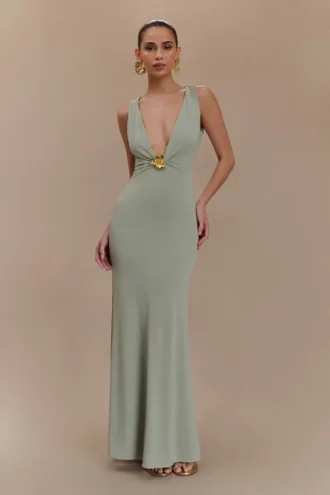 Beck Plunge maxi-jurk met bloemenversieringen – Basil