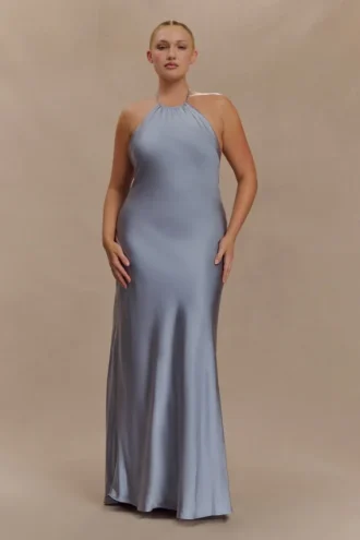 Bella satijnen halter maxi-jurk – Frosted Blue
