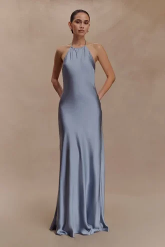 Bella satijnen halter maxi-jurk – Frosted Blue