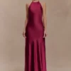 Bella satijnen halter maxi-jurk – Mahonie Bella satijnen halter maxi-jurk – Mahonie