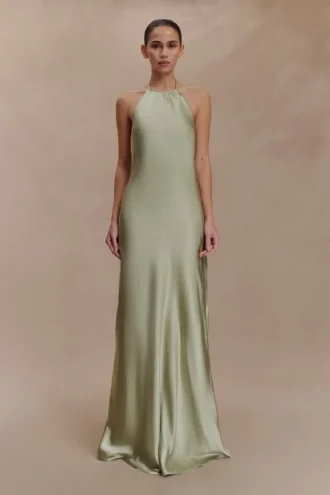Bella satijnen halter maxi-jurk – salie