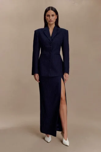 Cassie kolom maxi-rok – marineblauw met krijtstreep