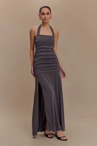 Bentley maxi-jurk met halternek van geperfecte jersey – antraciet