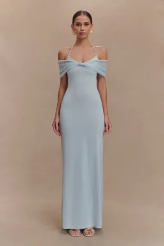 Bernadina mesh en slinky halter maxi-jurk – lichtblauw