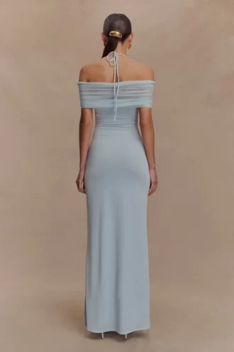 Bernadina mesh en slinky halter maxi-jurk – lichtblauw