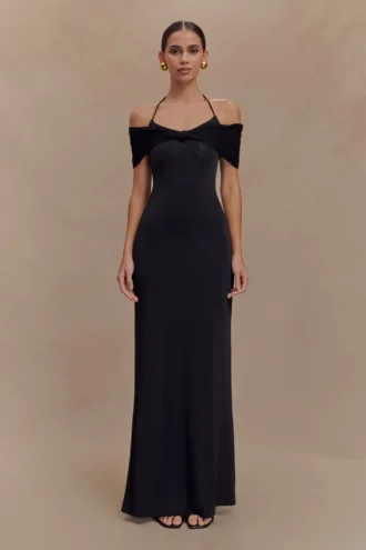Bernadina mesh en slinky halter maxi-jurk – Zwart
