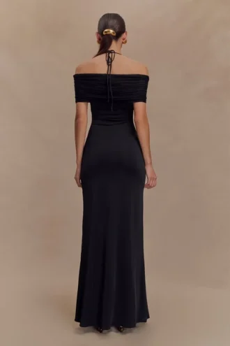 Bernadina mesh en slinky halter maxi-jurk – Zwart