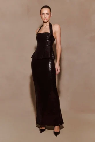 Bertie maxi-halterjurk met peplum en pailletten – Zwart