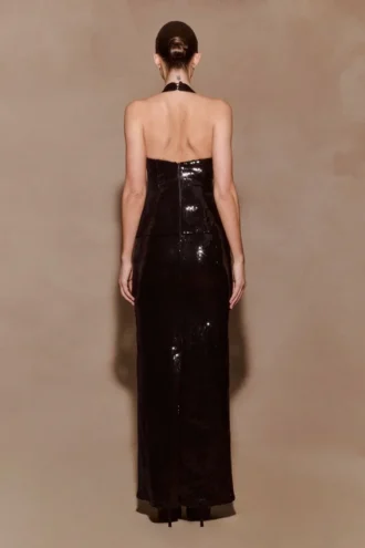 Bertie maxi-halterjurk met peplum en pailletten – Zwart