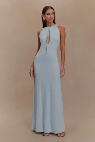 Beryl slinky maxi-jurk met parels – lichtblauw