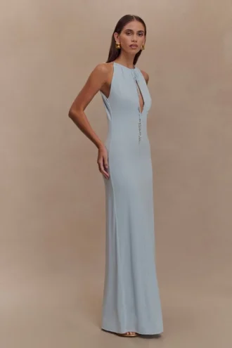 Beryl slinky maxi-jurk met parels – lichtblauw