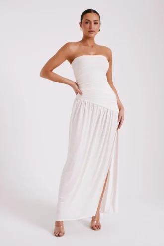 Bex strapless slinky maxi-jurk met split – ivoor