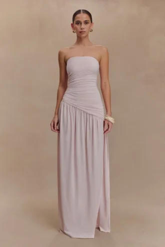 Bex strapless slinky maxi-jurk met split – lichtroze