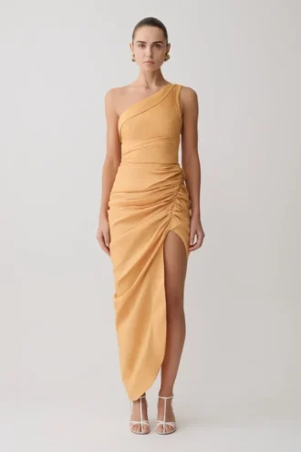 Birgit linnen midi-jurk met metalen details – Deep Peach