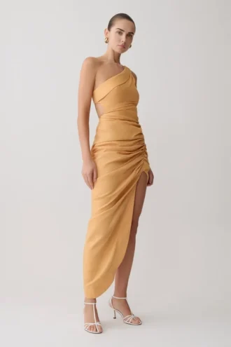 Birgit linnen midi-jurk met metalen details – Deep Peach