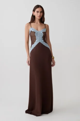 Bray maxi-jurk van breisel en kant – Chocoladebruin/blauw