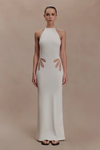 Brock gebreide halter maxi-jurk – Wit