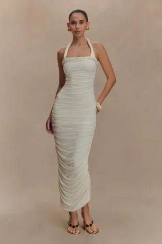 Camila gerimpelde halter midi-jurk – ivoor