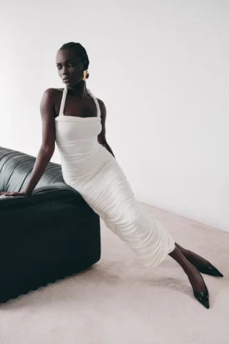 Camila gerimpelde halter midi-jurk – ivoor